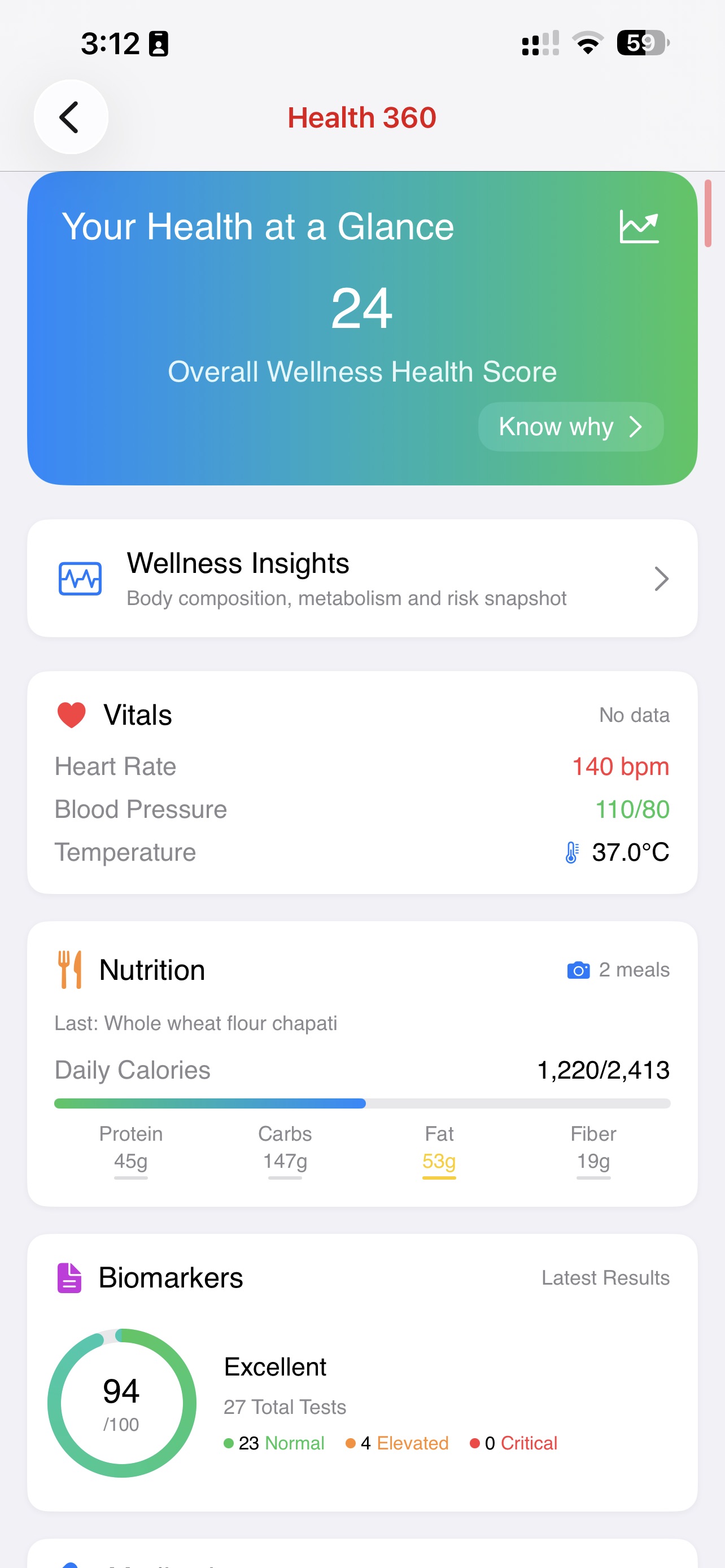 Health 360 overview — wellness score, vitals, nutrition, biomarkers