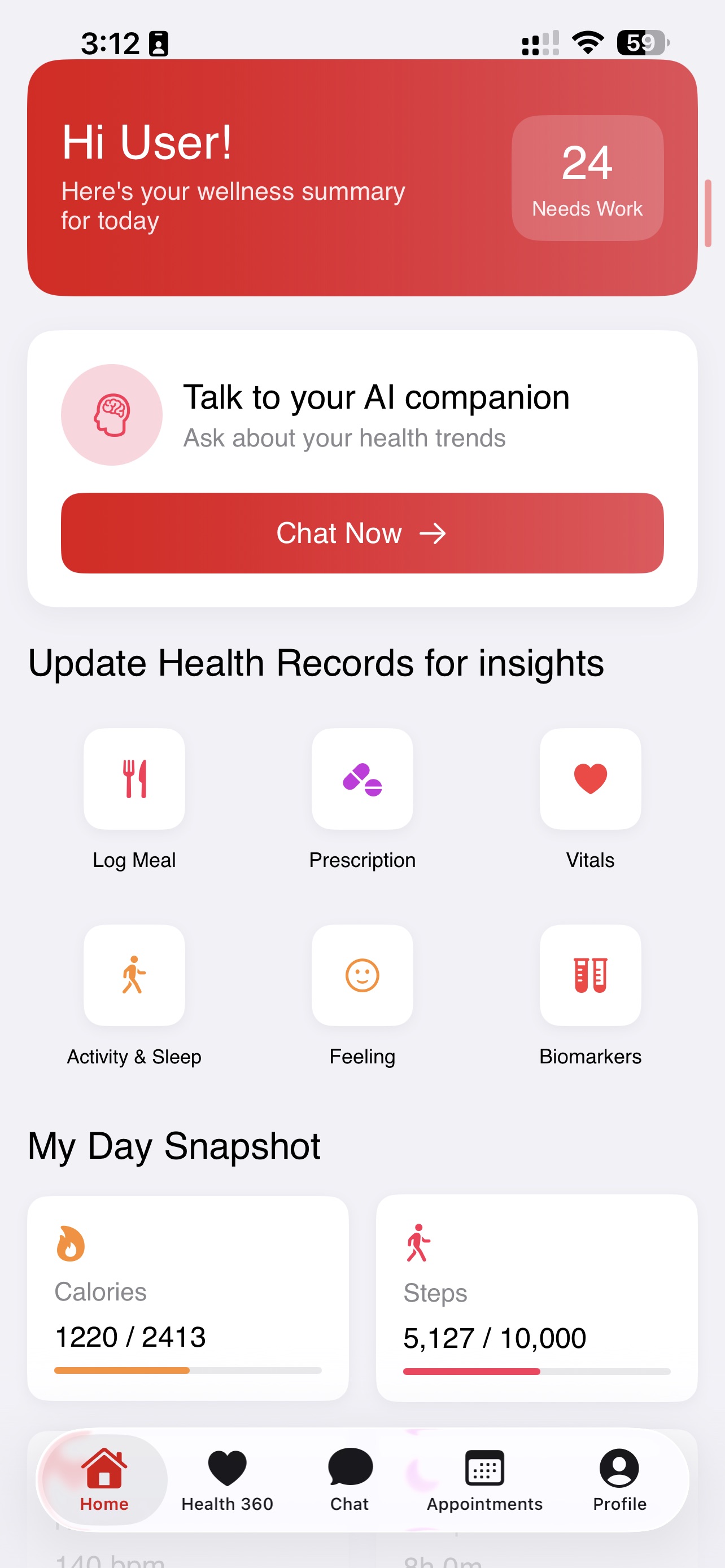 ZivoHealth home — wellness summary and AI companion