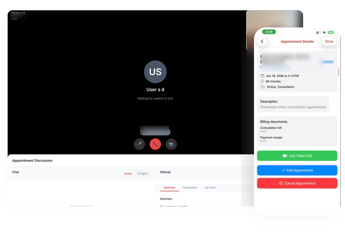 AI telehealth collage showing web video consult and mobile appointment details